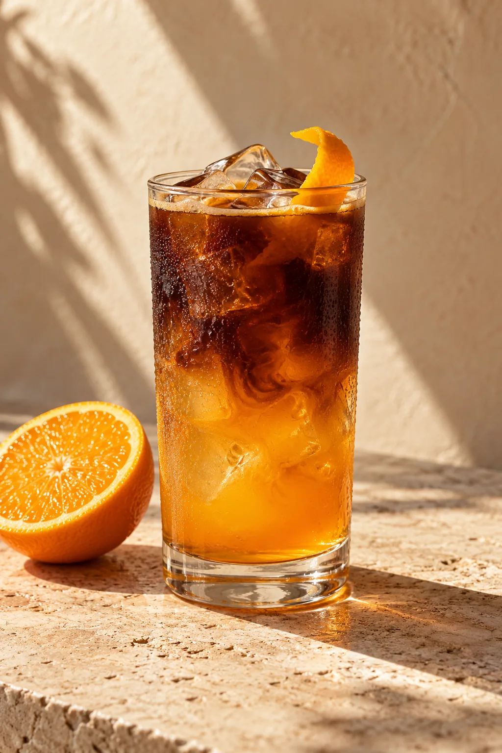 An orange cold brew waiting at a sunlit table