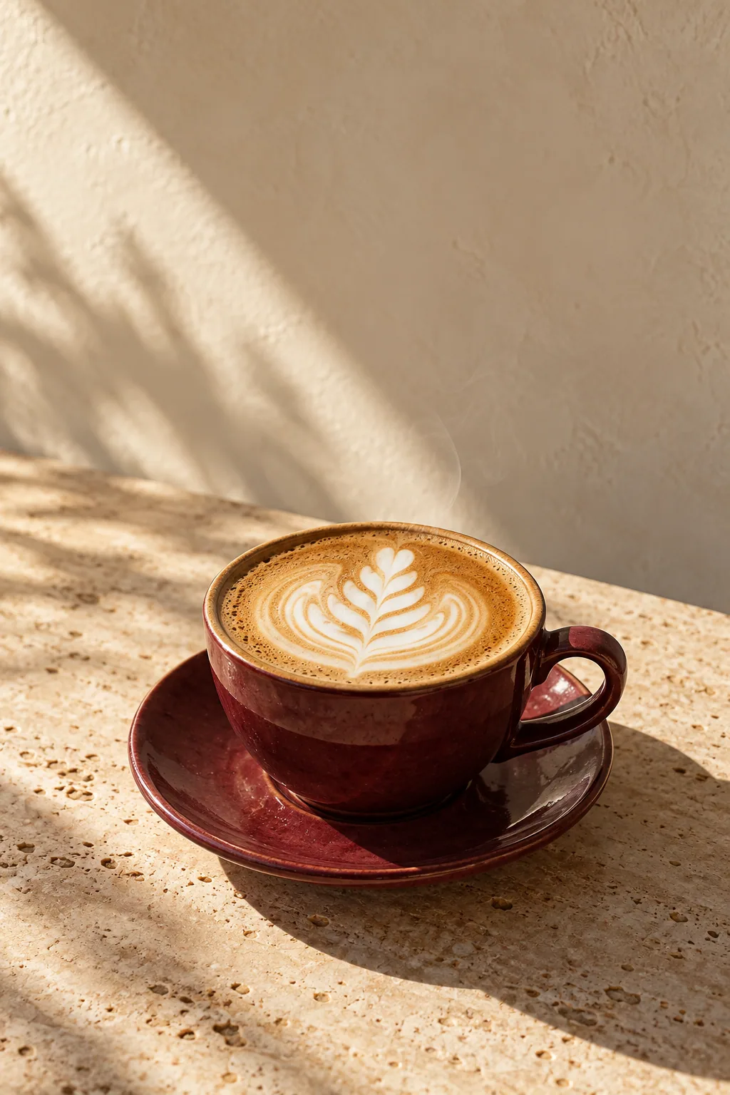 Rosetta latte art in an oxblood ceramic cup