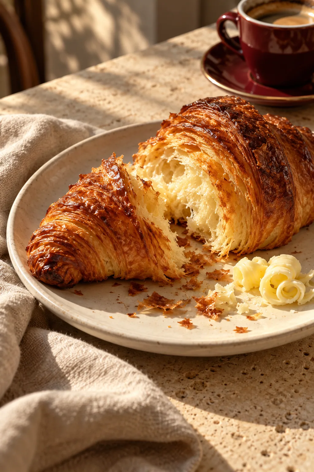 Flaky butter croissant with cultured butter on a ceramic plate