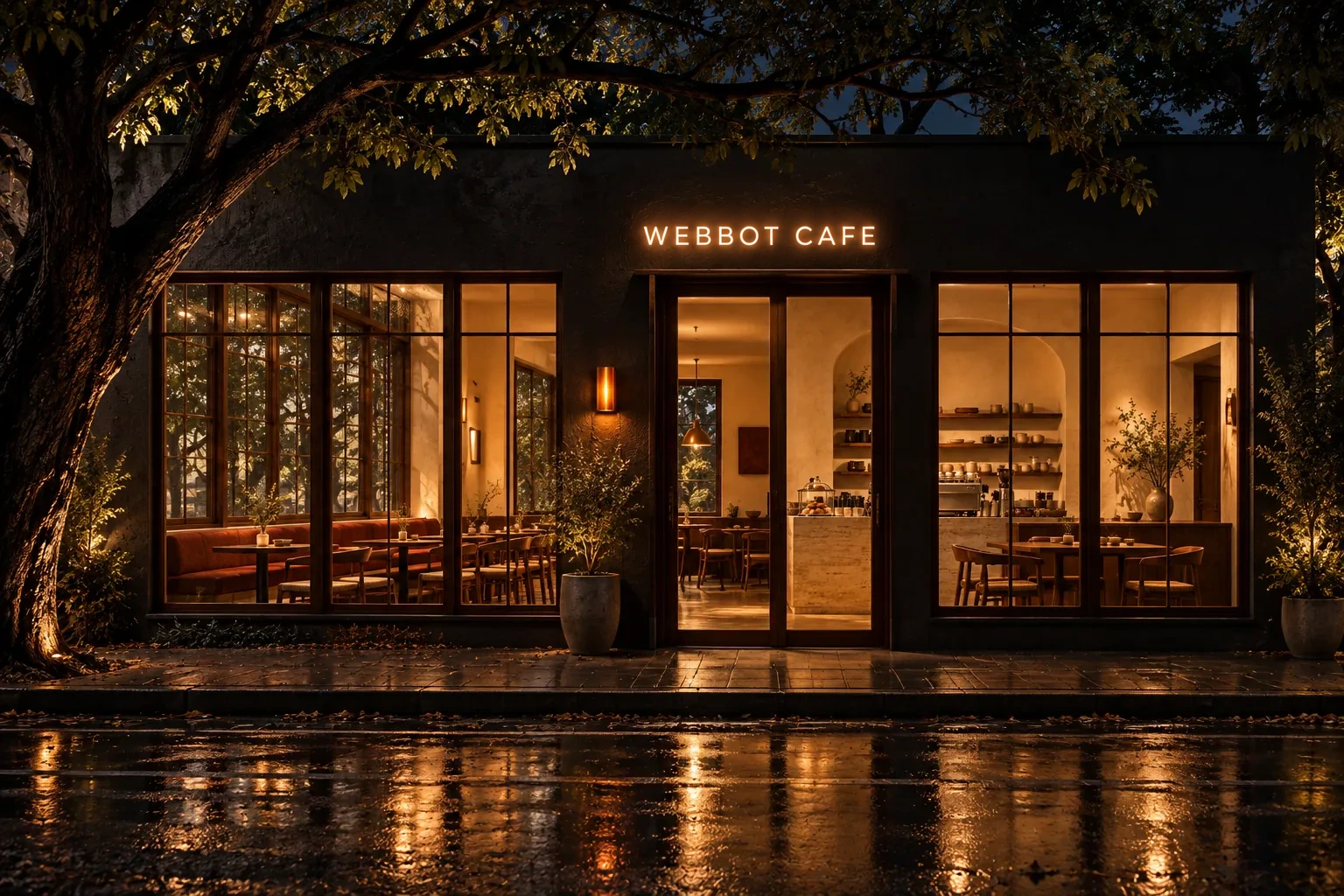 Webbot Cafe's warmly lit café front on a quiet Tirunelveli evening