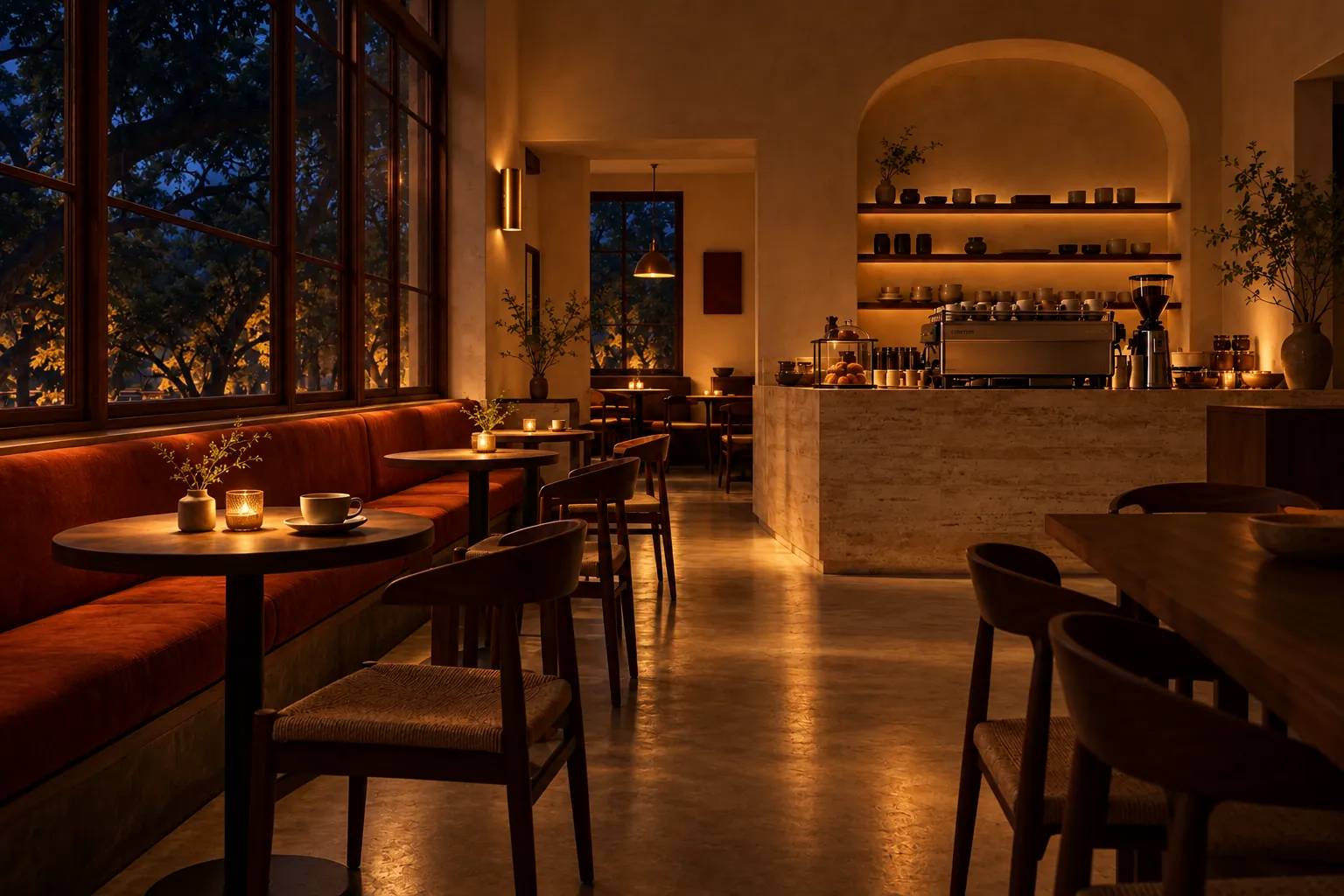 The same café with warm lamps glowing in the evening