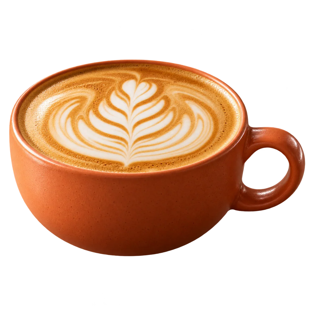 Jaggery Cloud latte in a terracotta cup with delicate rosetta art
